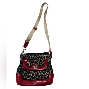 COACH Park Ocelot Print Swingpack Crossbody Bag Black / Red.